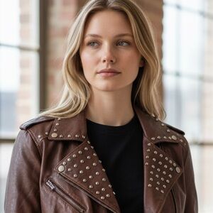 William Rast Studded Biker Motorcycle Jacket Women's Size M Brown Vegan Leather